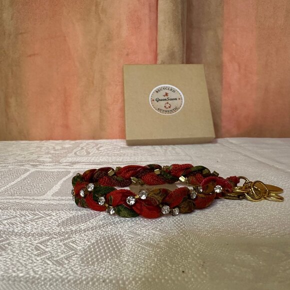 Green Sewn Recycled Vintage Sari Fabric Bracelet in Red, Gold & Green - Picture 1 of 7